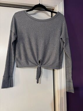 Abercrombie and Fitch Ribbed Tie-Front Long Sleeve Top - Gray